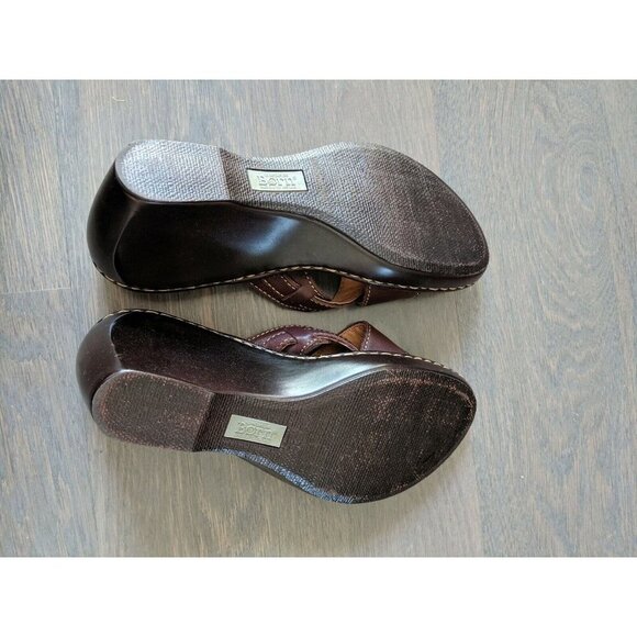 Born 8M Brown Leather Criss Cross Straps Slip On Platform Wedge Slides Sandals - Picture 5 of 8